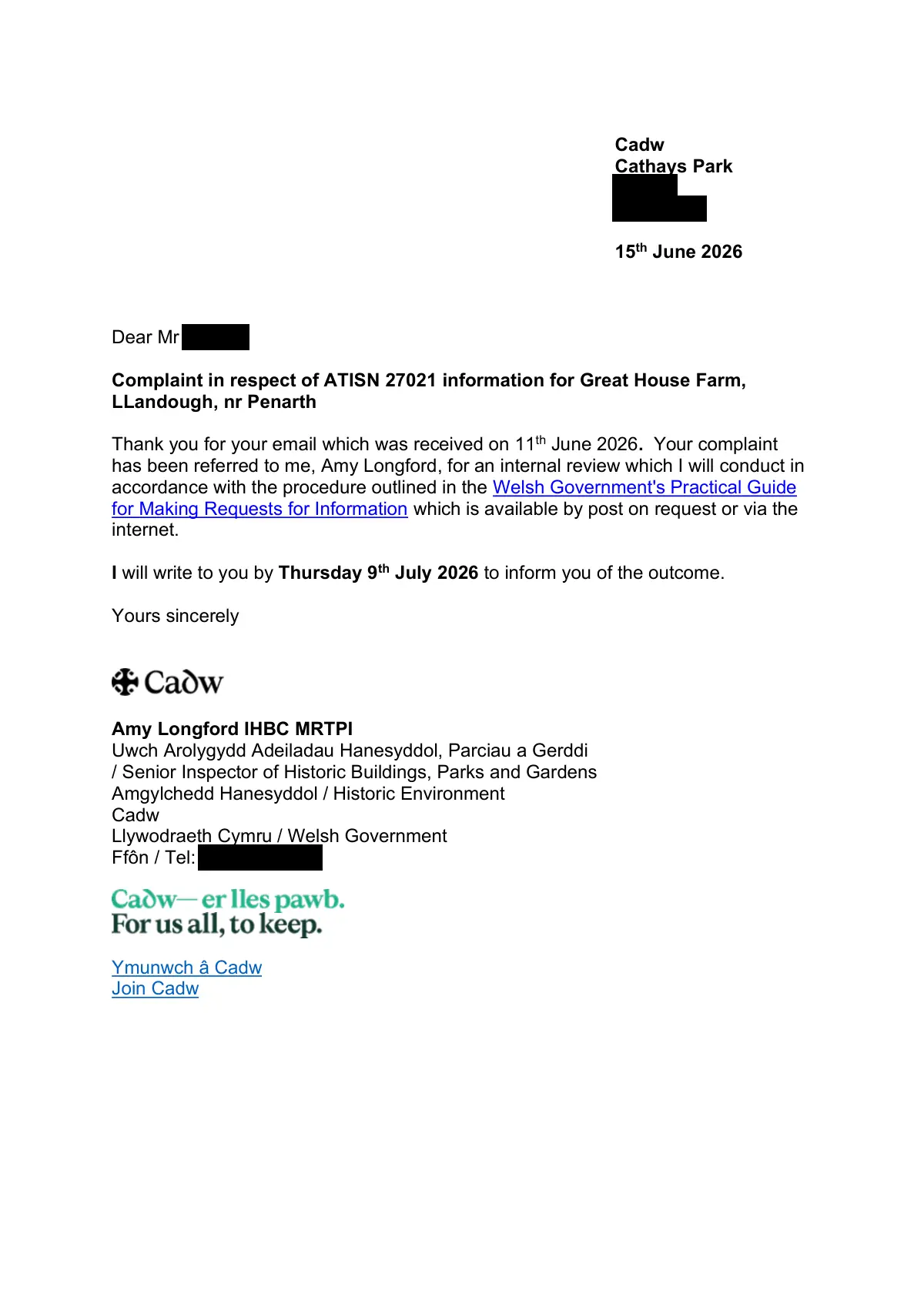 GHF-E106-R99-A1: first page of Internal Review Acknowledgement Letter.pdf, personal details blacked out