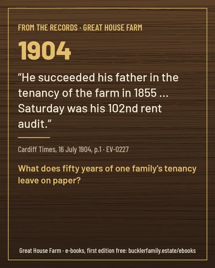 1904: “He succeeded his father in the tenancy of the farm in 1855 … Saturday was his 102nd rent audit.”