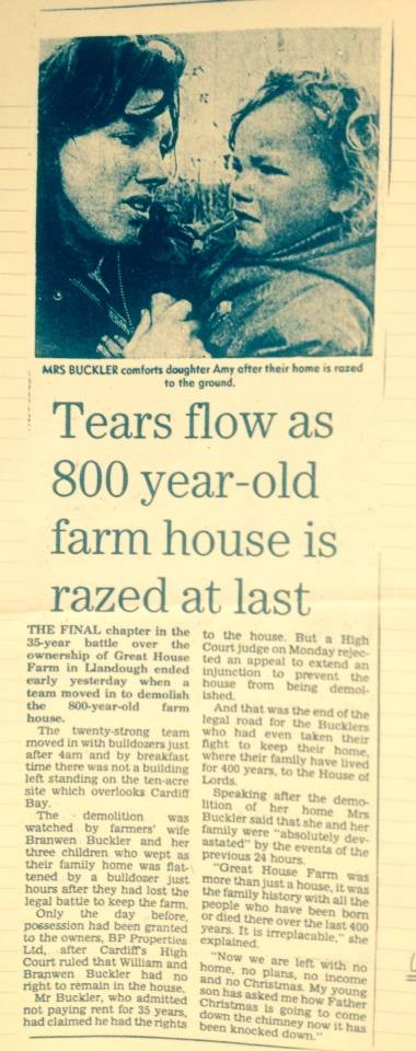 Newspaper cutting, Tears flow as 800 year-old farm house is razed at last, with a photograph of Mrs Buckler comforting her daughter
