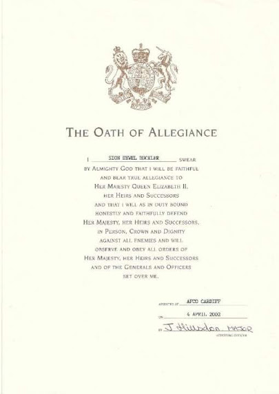 Oath of Allegiance document bearing the name Sion Buckler and dated 4 April 2002; signed at APCO Cardiff.