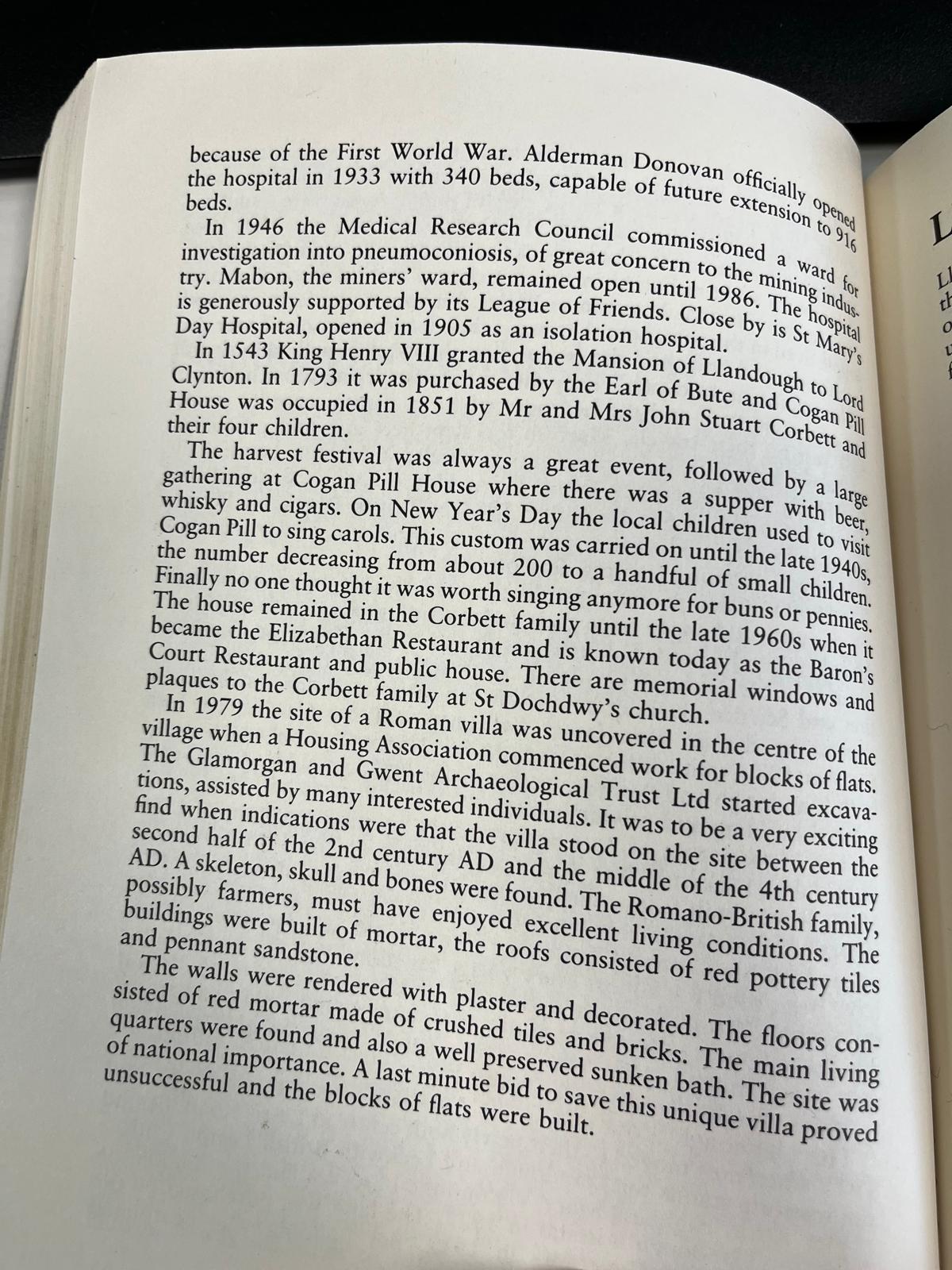 Photograph of a further printed page describing historical and archaeological material at Llandough, including the Roman villa and its excavation.