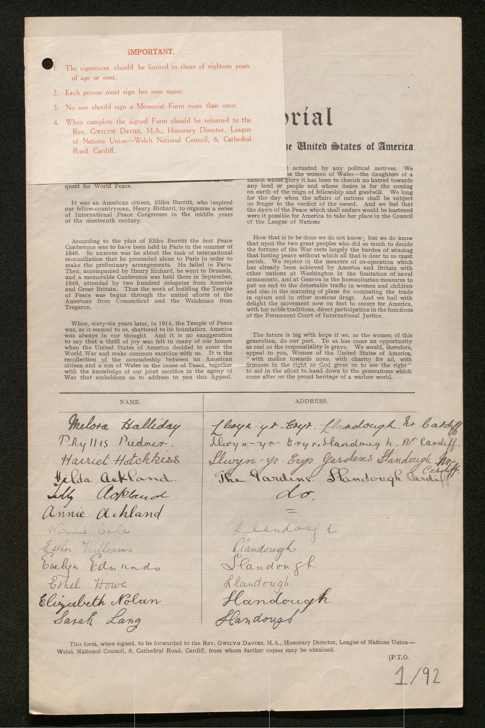 Page 1 of 4 (1/92/1): memorial text and 12 signatures