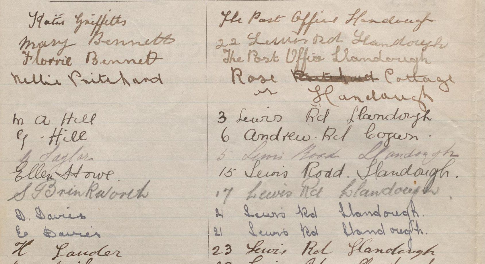 Page 2, lines 1–12: Post Office, Lewis Road, Rose Cottage, Cogan