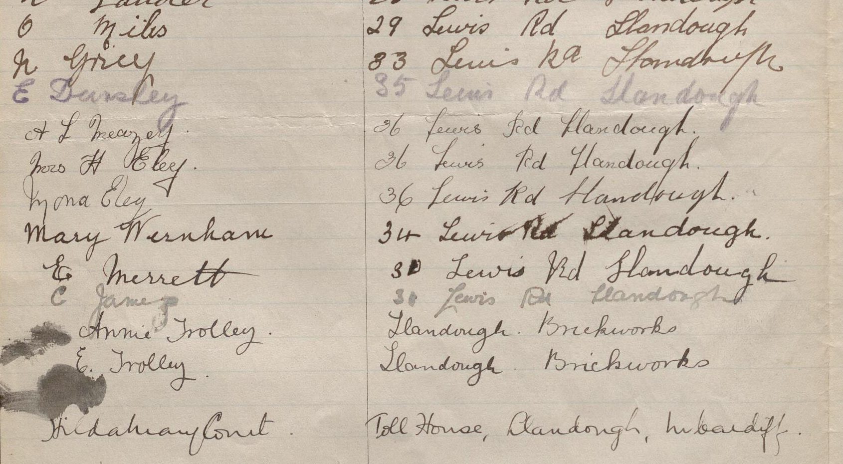 Page 2, lines 13–24: Lewis Road, Llandough Brickworks, Toll House
