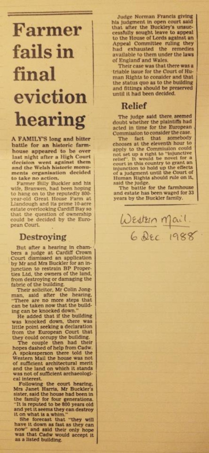 Western Mail cutting, Farmer fails in final eviction hearing, 6 December 1988
