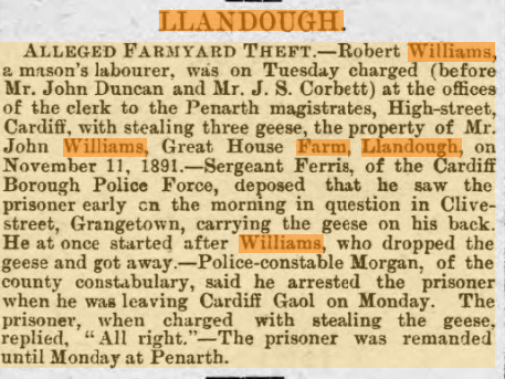 Clipping: Llandough. Alleged farmyard theft, 1891