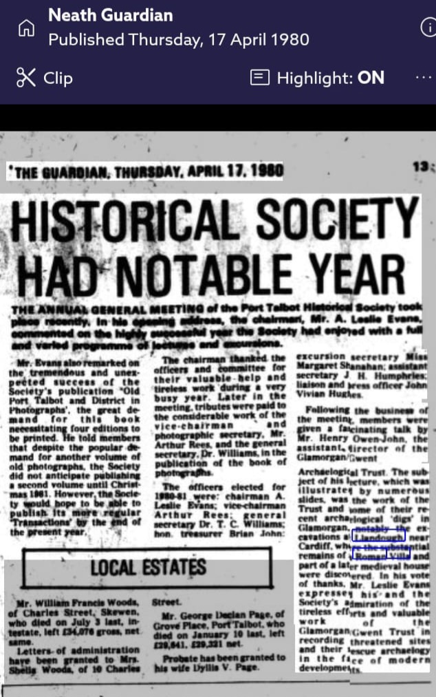 Neath Guardian page 13, 17 April 1980, report headed Historical Society had notable year